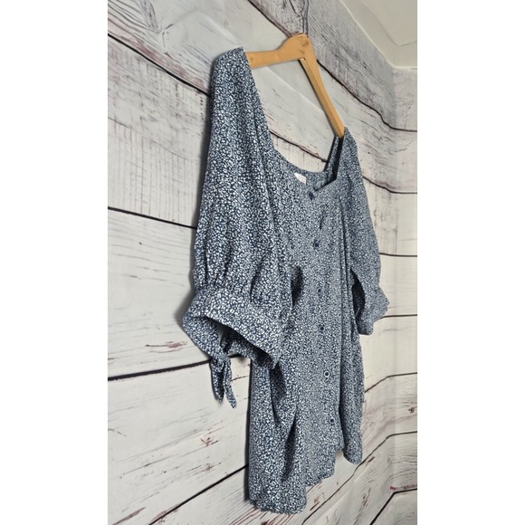 LC Lauren Conrad Womens Blouse Size XL Blue Floral Print Button Front Tie Sleeve - Picture 4 of 9